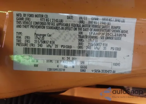 2012 Ford Focus Se z USA, uszkodzony, nr VIN 1FAHP3F25CL232076